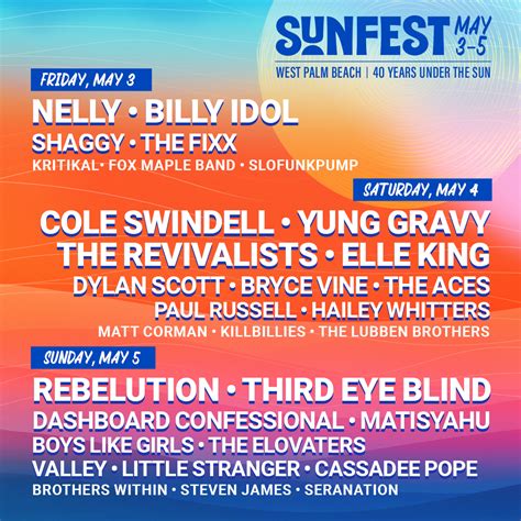 Sunfest 2024 - The 2024 event will run from May 3 to May 5. It will be the 40th SunFest.The festival started in 1982, but was canceled in 2020 and 2021 due to the COVID-19 pandemic.